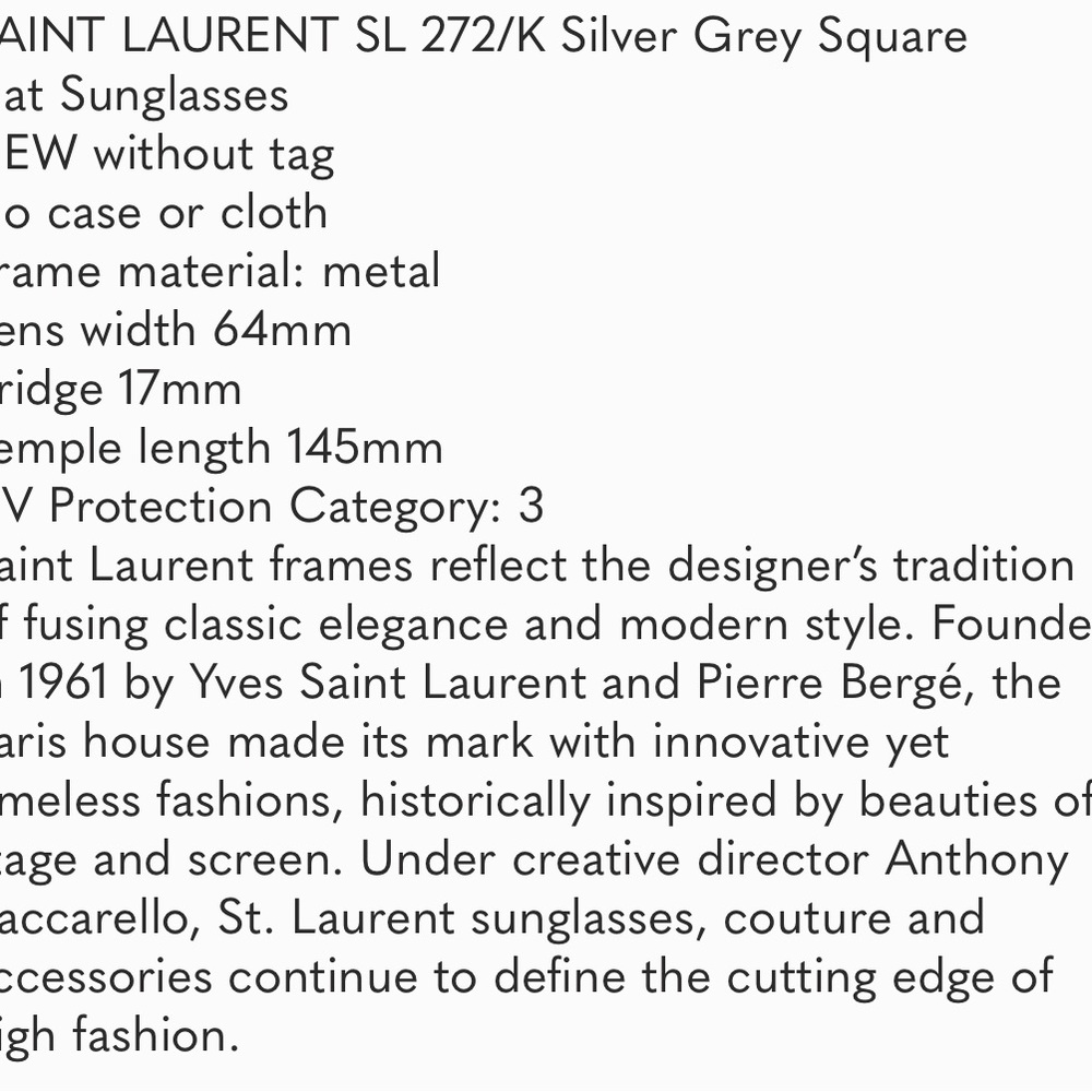 SAINT LAURENT SL 272/K Silver Grey Square Flat Sunglasses NEW - Picture 14 of 15